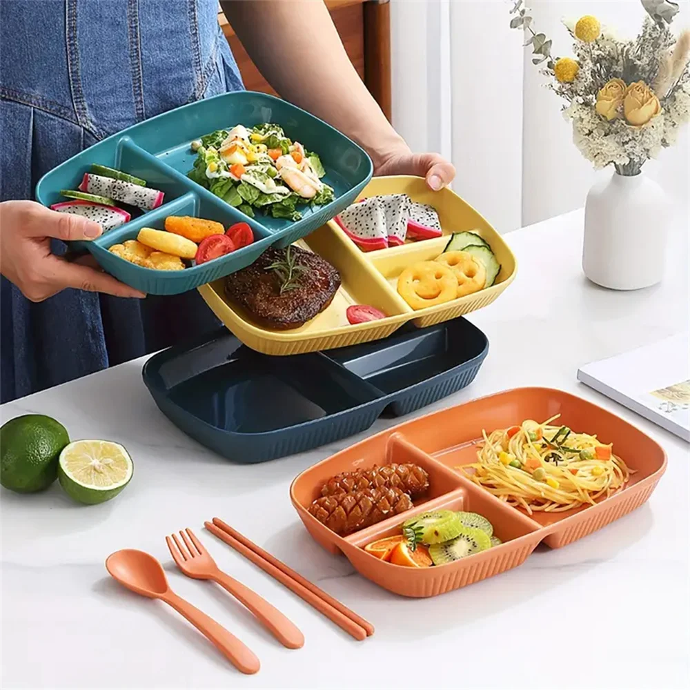 Unbreakable Rectangular 3-Grid Meal Plate Durable Striped Design Tableware for Snacks Salads Fruits Table Decoration Party Suppl