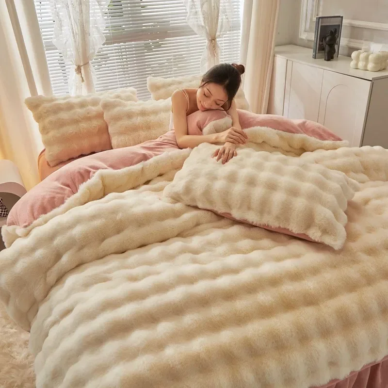 4Pcs Set Winter Thick Rabbit Plush Bedding Set Silky Delicate Texture Milk Velvet Duvet Cover Anti-Pilling Fluffy Warm Bed Linen 4