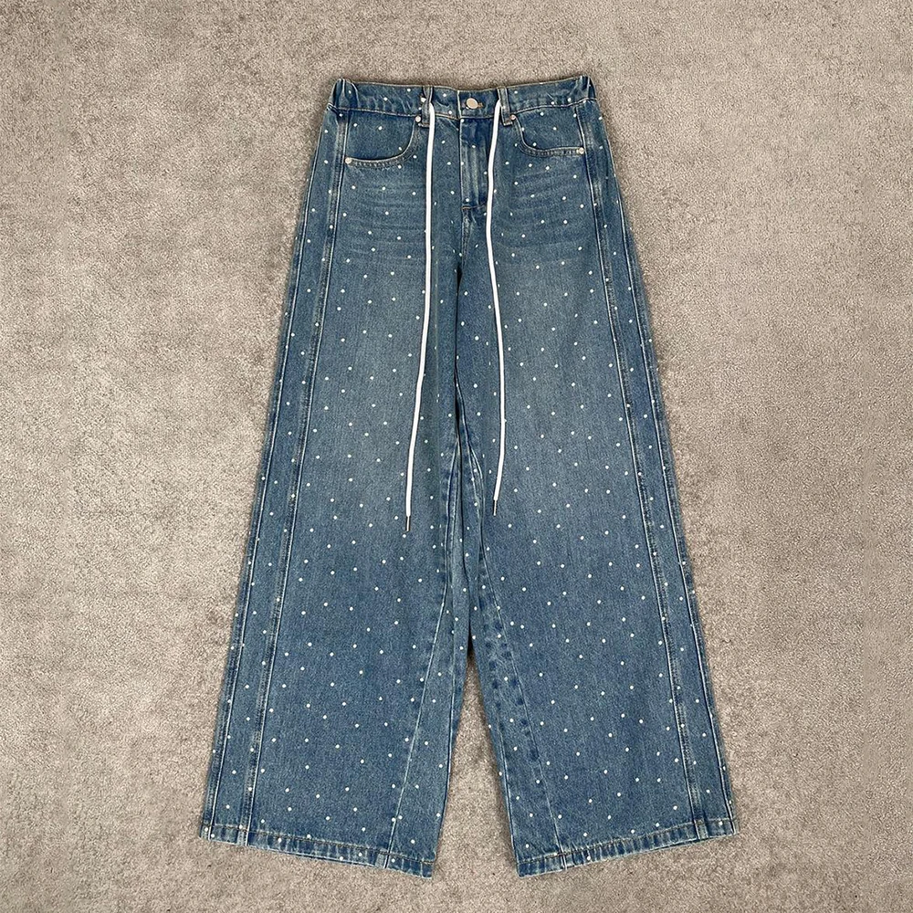 

Cotton Women's Straight Pants Y2k Polka Dot Drawstring Tie Stretch Waisted Fashion Commuter Peplum Jeans Trousers 2024 Fall New