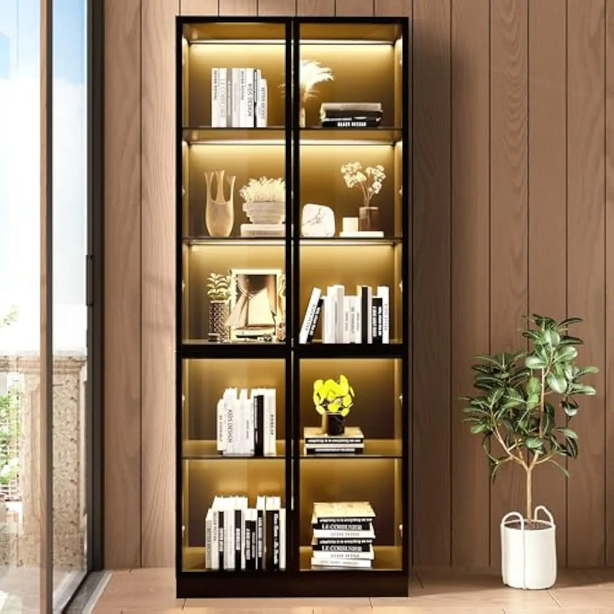 Rustic-engineered wood cabinet with dual-layer tempered glass doors, integrated 7-color LED lighting system featuring 18 dynamic view 6