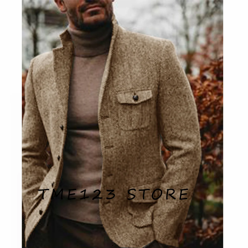 Coat Men's Winter Parkas Men's Autumn and Winter Herringbone Casual Business Jacket Solid Color Single-breasted Jacket North Y2k