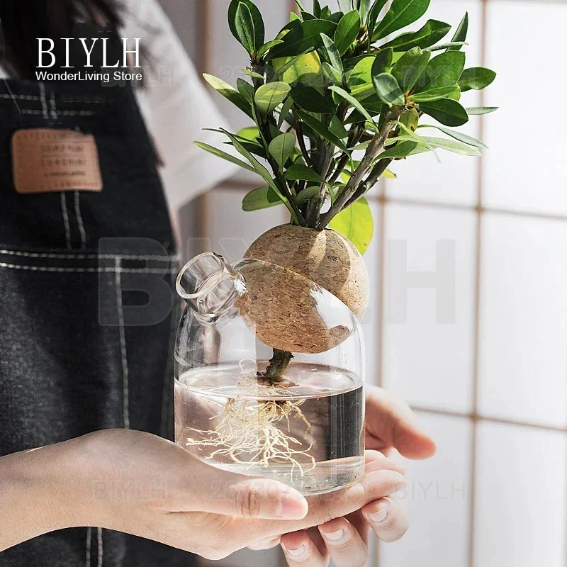 Glass Small Vase Transparent Hydroponic Plant Vase With Bamboo Tray Home decoration Planting Green Plants Small Flower Bottle