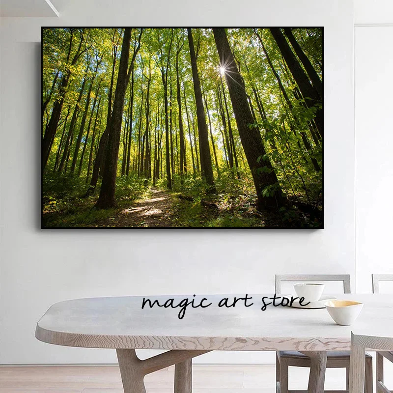 Waterfall In Forest Trees Nature Sunset Mountains Landscape Art Poster Canvas Painting Wall Print Picture Living Room Home Decor