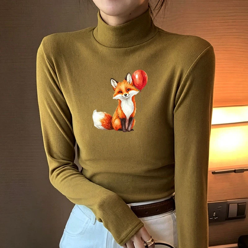 Winter Women's Thermal Brushed Fleece Half Mock Neck Long Sleeve T Shirt Red Fox Red Balloon Graphic Warm Tee