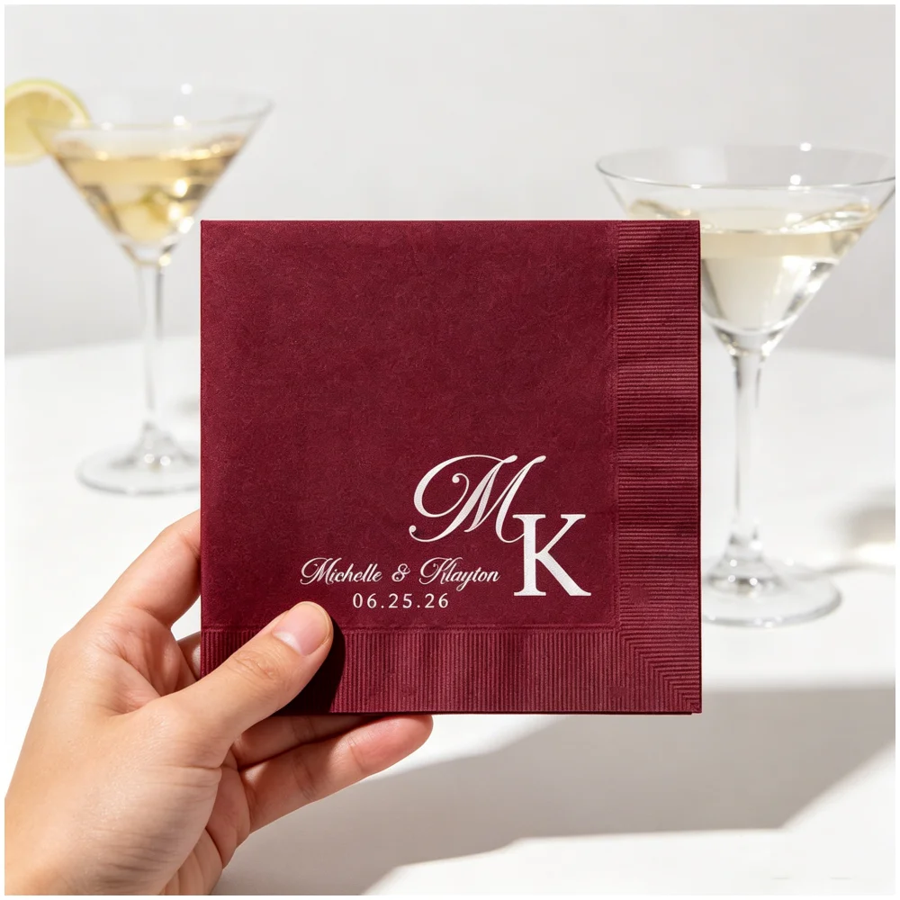 

50pcs Custom Wedding Monogram Napkins, Personalized Couple Initials, Names & Date Disposable Cocktail Napkins with Silver Foil,