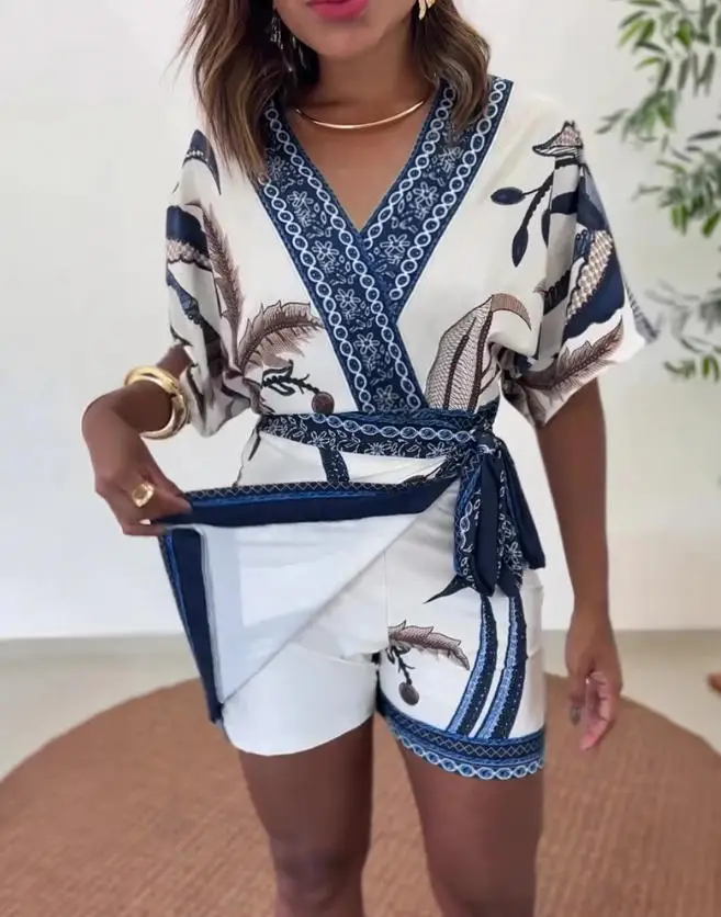 Jumpsuit Women 2026 Spring New Fashion Tropical Printed V-Neck Half Sleeve Wrapped Side Lace Up High Waist Casual Rompers