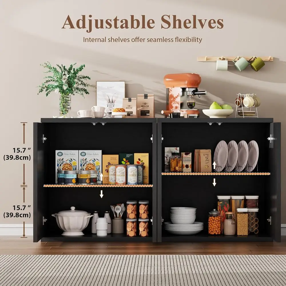 خزانة بوفيه سوداء حديثة مع أرفف قابلة للتعديل، عريضة 31.5، لغرفة المعيشة والمطبخ