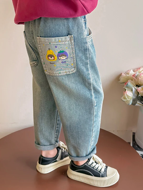 Pantalons en jean imprimés de dessins animés pour filles, nouveaux pantalons décontractés à la mode pour enfants, pantalons longs amples à taille haute pour bébé