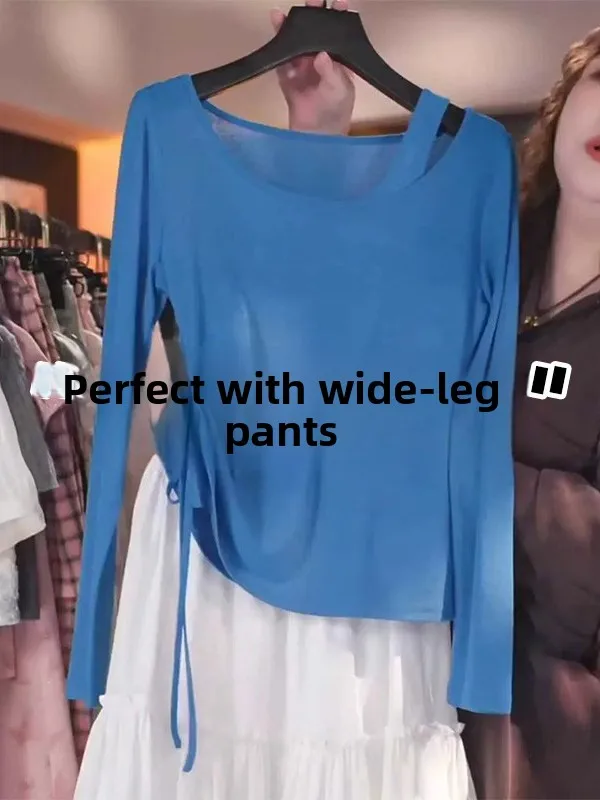 Korean Style Long Sleeve T-Shirt Ceiling Design Drawstring Waist UV Protection Fake Two-Piece Top Women's Fashion Autumn Wear