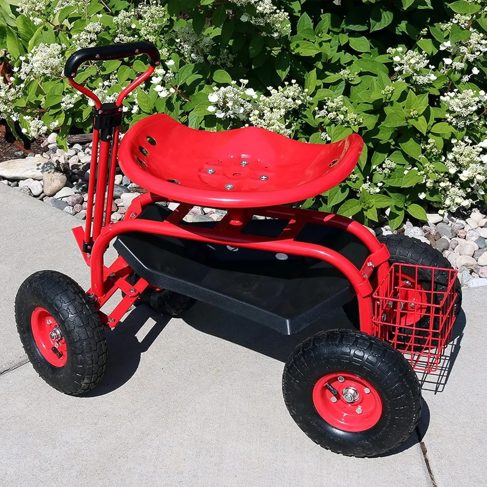 Sunnydaze Garden Cart Rolling Scooter with Extendable Steering Handle -Swivel Seat and Utility Basket - Red