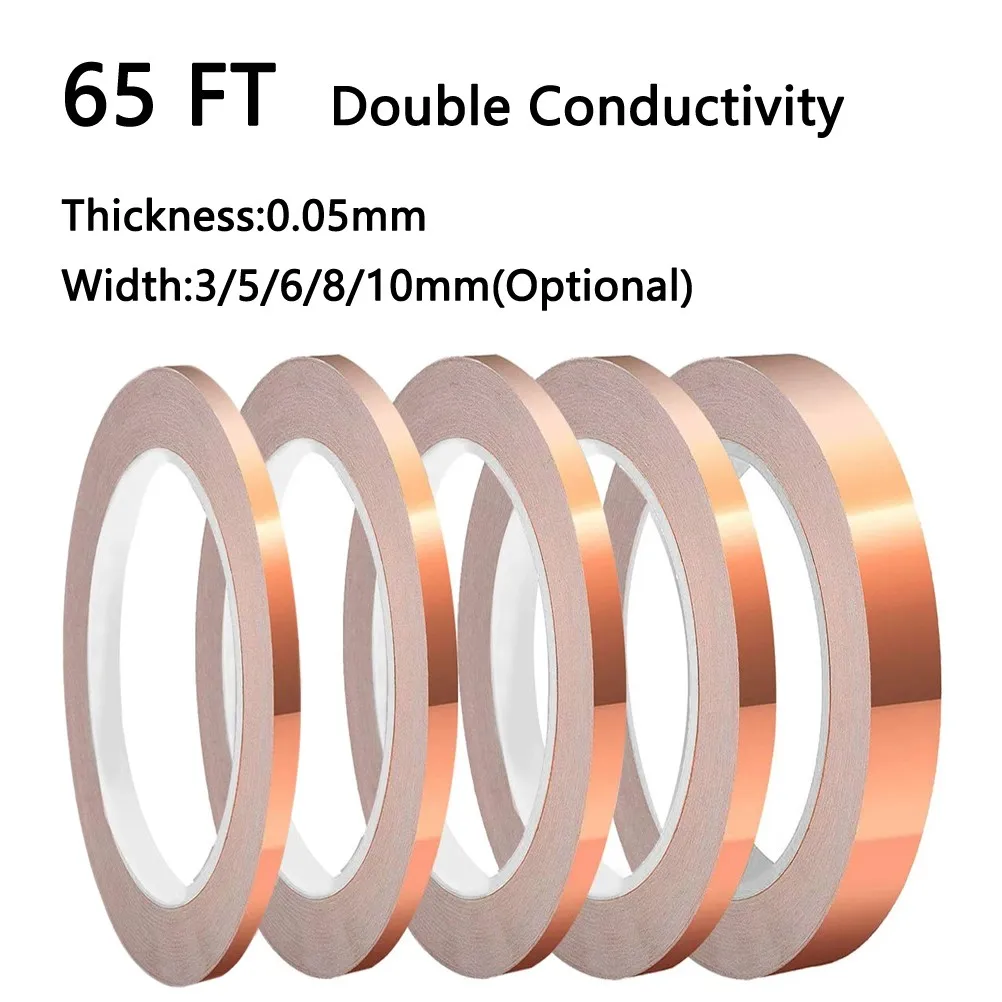 65FT Double Conductive Copper Foil Tape 3/5/6/8/10mm EMI Shielding Adhesive Conductive Tape Repairs Circuit Tools Accessories