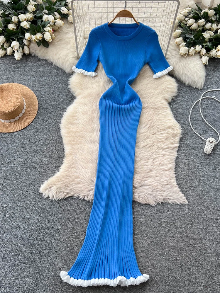 Korean Style Knitted round Neck Short Sleeve Dress Women's Summer Slimming Waist Cinched Long Skirt Commute Luxury Style