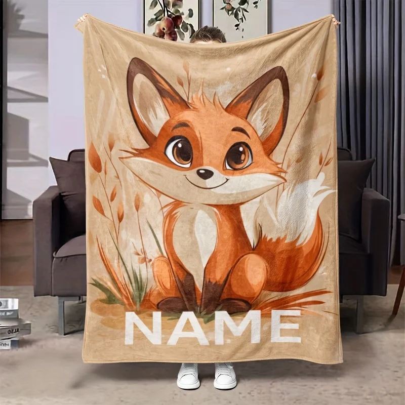 Customized name cute fox blanket，soft,warm,lightweight flannel,suitable for sofa beds,travel camping, living rooms，offices