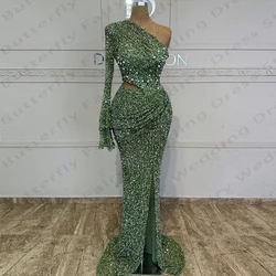 Glitter Women's Elegant One Shoulder Sleeve Evening Dresses Mermaid Sexy Side Split Princess Ball Gowns Formal Cocktail Party