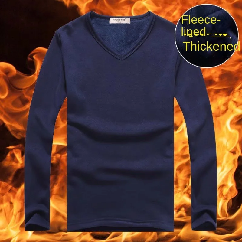 2024 Winter Plush and Thickened Warm Underwear for Men\'s V-neck T-shirt Autumn Plush Top and Base Thermal Shirt