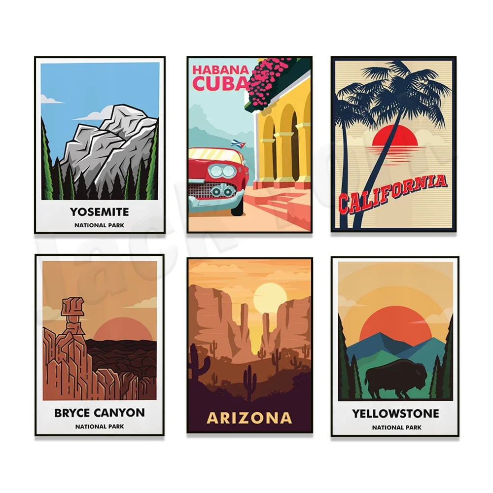 Havana, Utah, Montana, Colorado, Great Smoky Mountains, Wyoming, Bryce Canyon, Amsterdam, California palm trees travel poster