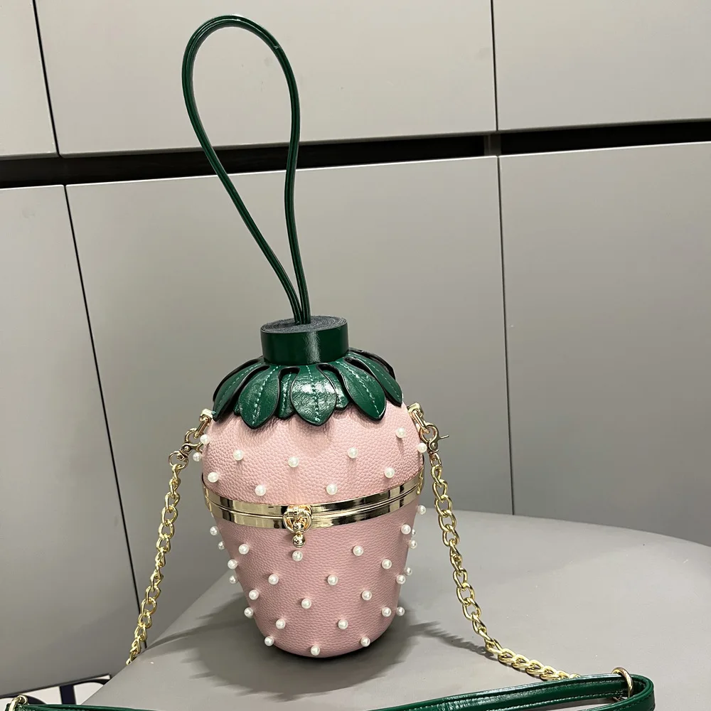 Women\'s Bag Strawberry Style handmade pearl embellishment women\'s handbag Box Bucket Single shoulder crossbody