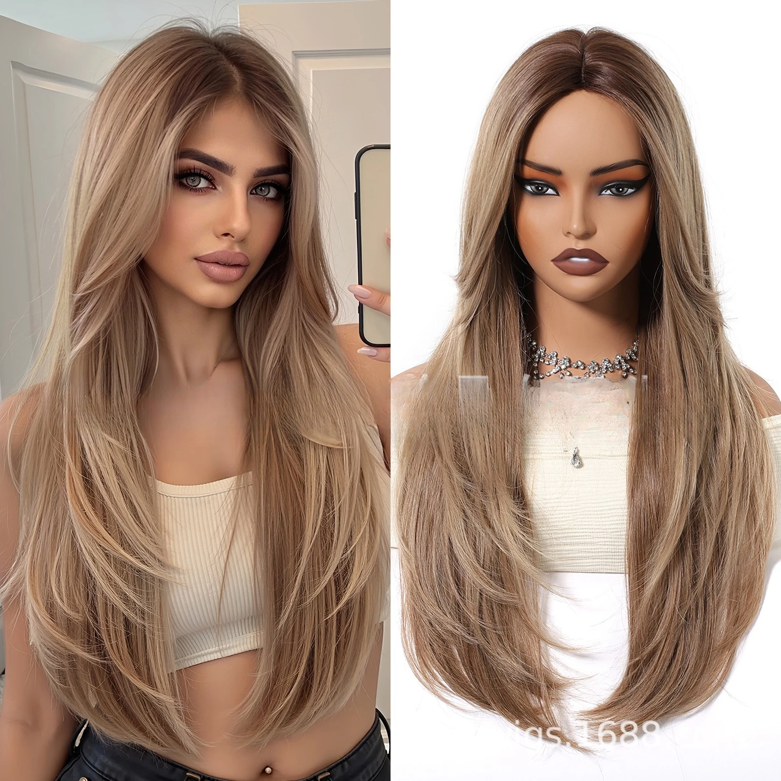 

Brown top dyed hot wig medium layered long curly hair full head cover high temperature resistant hair Europe and America