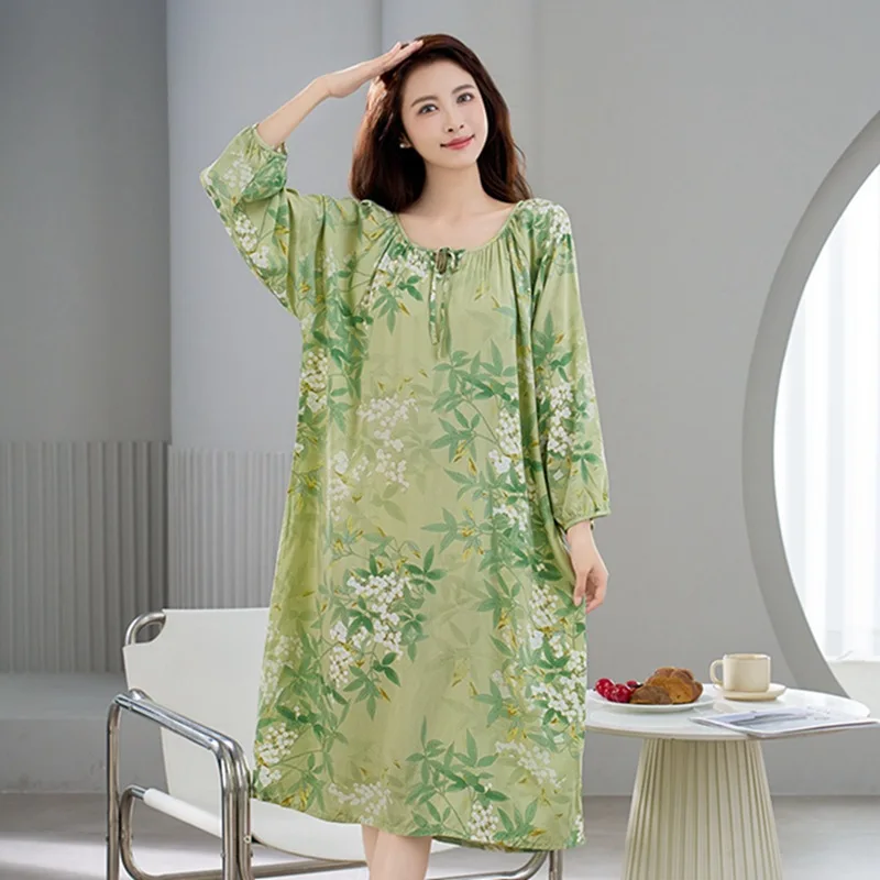 Floral Printing Nightdress Soft Women Summer New Sleepwear Long Sleeve Ladies Nightgown Loose Pregnant Woman Lounge Wear