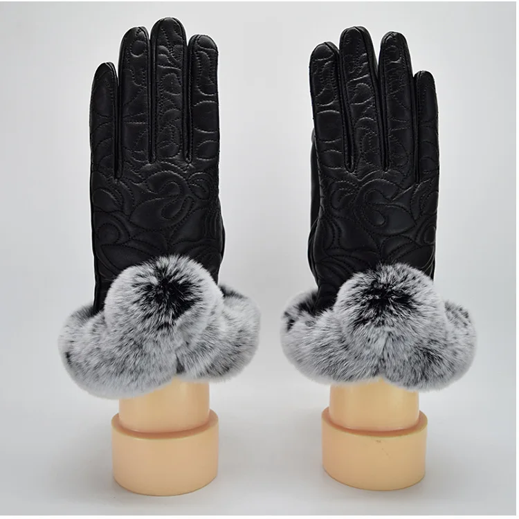 

Women's Winter Black Genuine Leather Rabbit Fur Gloves Lady's Thicken Warm Touchscreen Glove Winter Driving Glove R3102