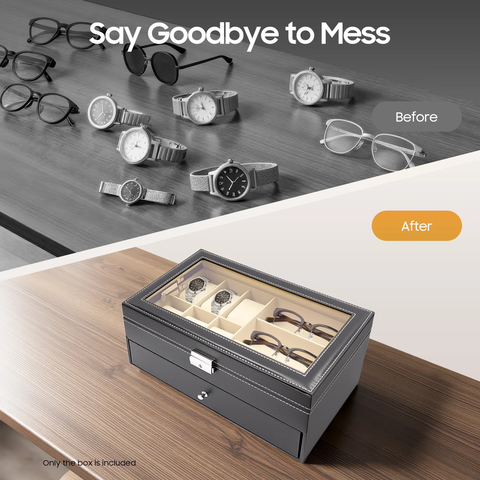 2-Tier Watch & Eyeglasses Storage Box 6 Watch Slots + 9 Glasses Compartments Retro Lockable Organizer with Glass Lid