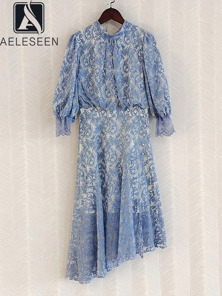 

AELESEEN Designer Fashion Irregular Dress 2022 Summer Autumn Long Sleeve Flower Embroidery Blue Pink Green Elegant Backless Bow