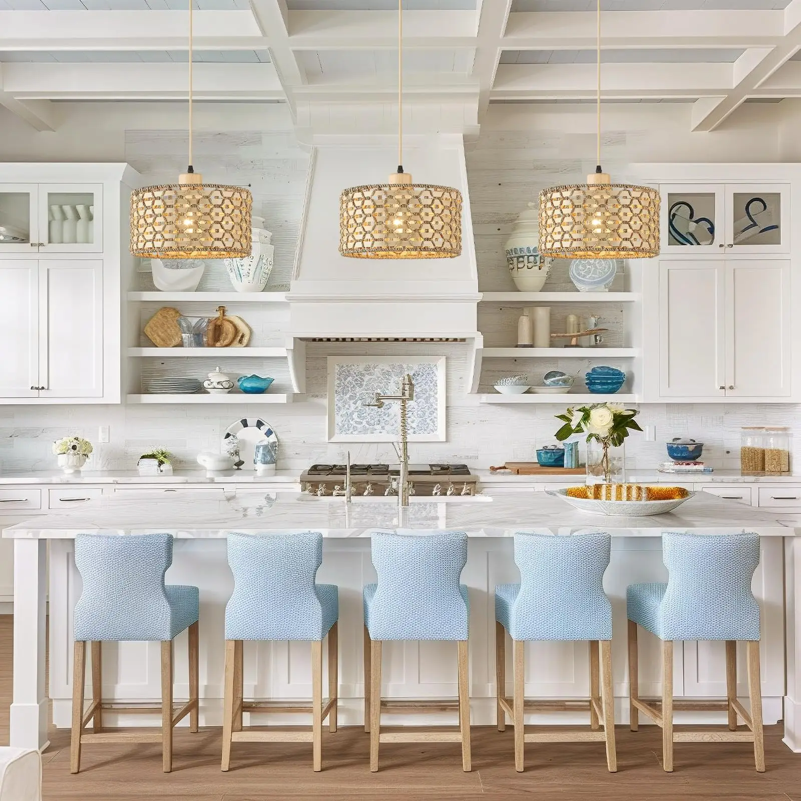 Hand-Woven Pendant Light, 11.8" Boho 1-Light Natural Rattan Hanging Lighting Fixture Ceiling Farmhouse Wicker Lamp