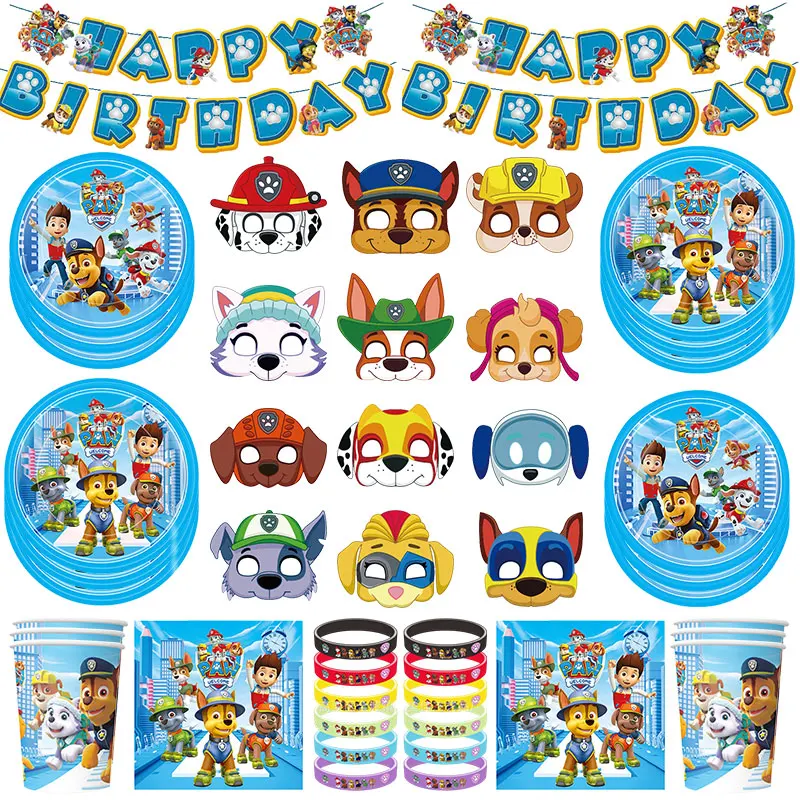 Décorations de fête d'anniversaire Paw Patrol, ensemble de vaisselle, gobelets, assiettes, nappe, ballons, décor de fond pour enfants, fournitures de fête d'anniversaire
