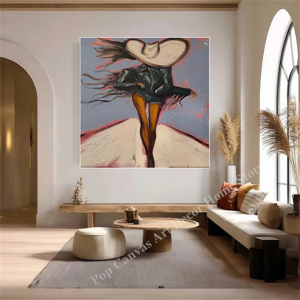 

Hand-Painted Abstract Oil Painting Cowgirl with Hat Canvas Wall Art, Modern Fashion Living Room Bedroom Decor Artwork