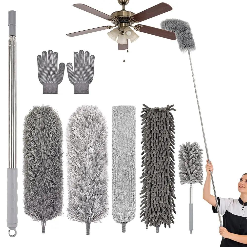 

Microfiber Feather Duster Kit with Extension Pole, 7 PCS Washable Reusable Duster for Cleaning, 100'' Bendable Extendable Lon