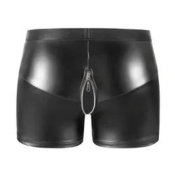 Men Underwear Sexy Faux Leather Boxers Shorts Lingerie Male Boxer Shorts Erotic Zipper Open Crotch Leather Gay Casual Underpants