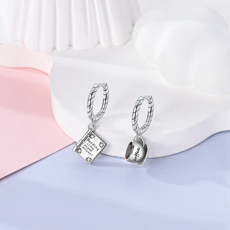 Fashionable 925 Sterling Silver Coffee Cup And Book Asymmetrical Earrings For Women's School Daily Jewelry Accessories