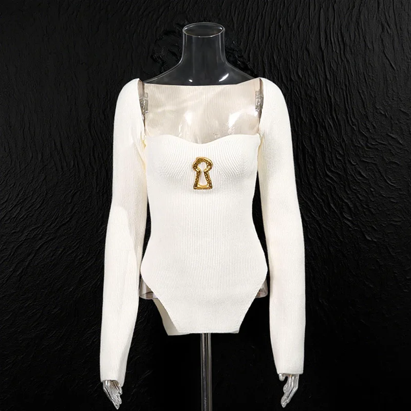 

Сексуальный вязаный свитер с металлическими пряжками, осенне-зимний, новый, однотонный, универсальный, эластичный, облегающий, с длинными рукавами, пуловер