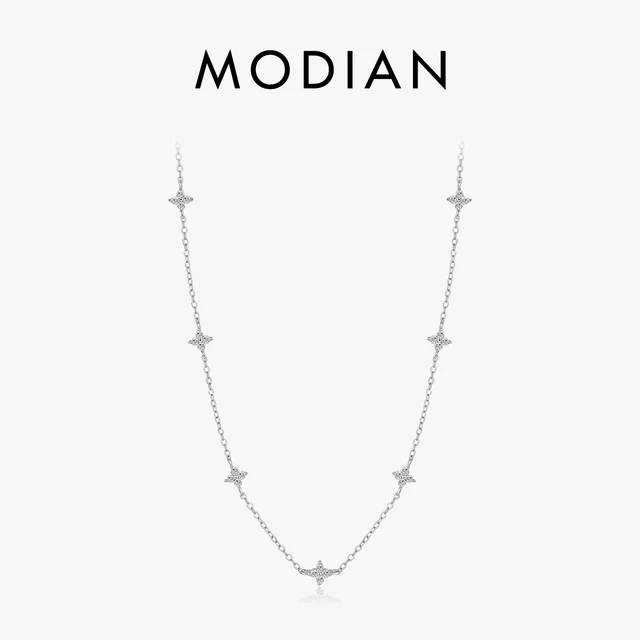 MODIAN 925 Sterling Silver wykwintne czterolistna koniczyna naszyjnik z cyrkoniami dla kobiet modny Link Chain Charms możliwość układania w stosy Fine Jewelry