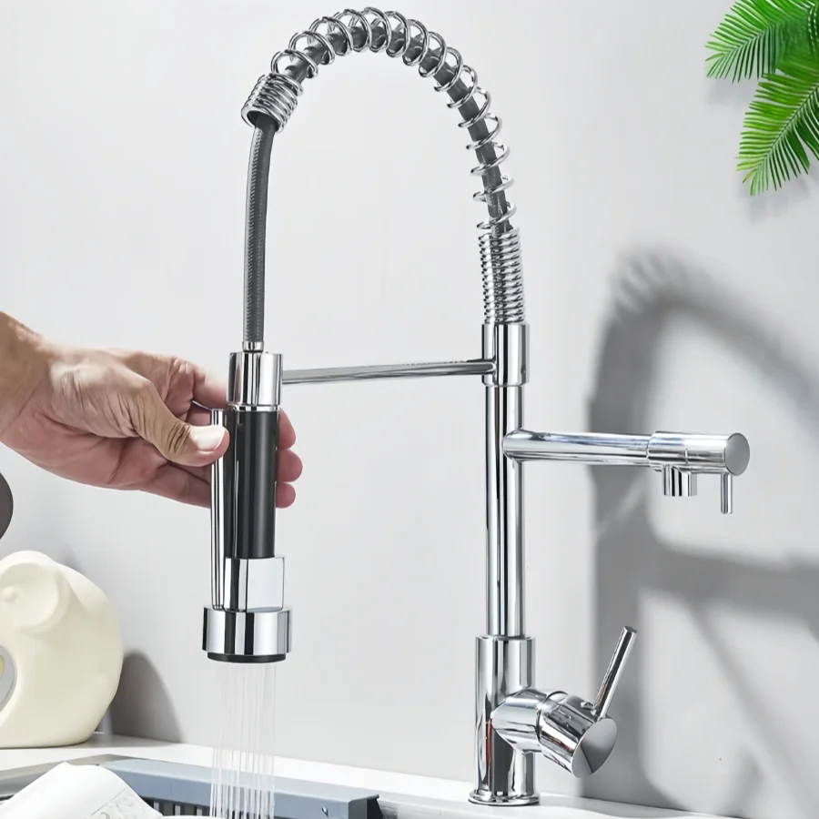 Uittrekbare keukenkraan, draaibare uitloop in twee richtingen, keukenmengkraan, mengkraan voor warm en koud water, multifunctioneel