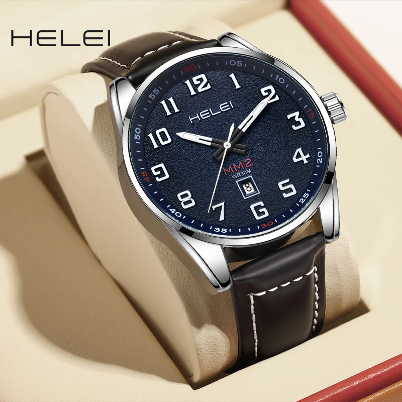 

HELEI 2024 Top Brand Men's Military Sport Watch Men Leather Vintage Classic Dial Quartz Wristwatch Calendar Male Clock Relogio