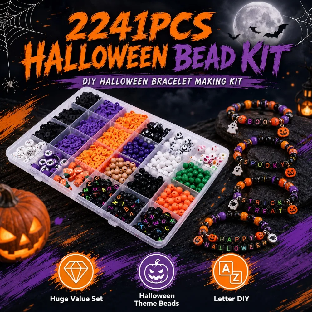Halloween Bracelet Making Set Assorted Clay Beads Skull Pumpkin Spider DIY Friendship Jewelry Making Supplies Party Craft Gift