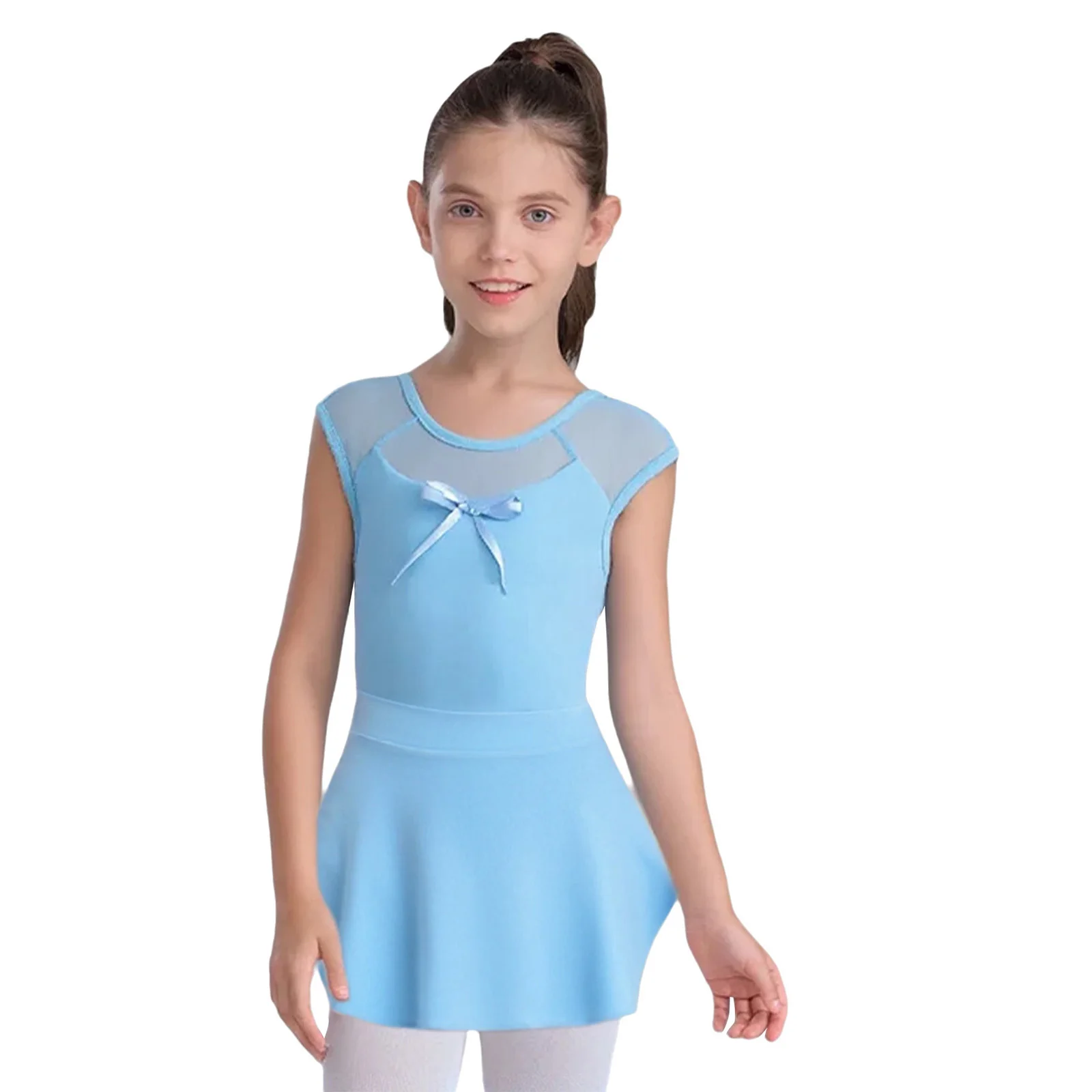 

Kids Girls Ballet Dance Dress Bow Knot Cutout Back Sheer Mesh Patchwork Sleeveless Leotard+Sides Slit Skirt 2Pcs/Set Competition