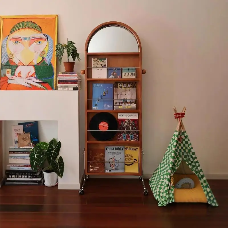 Movable mirror Full-length mirror Floor-to-ceiling household magazine shelf Book newspaper shelf Rotate