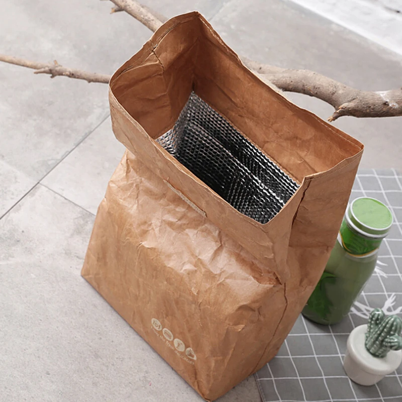 Brown Paper Lunch Bag Reusable Insulated Thermal Cooler Sack Magnetic Closure