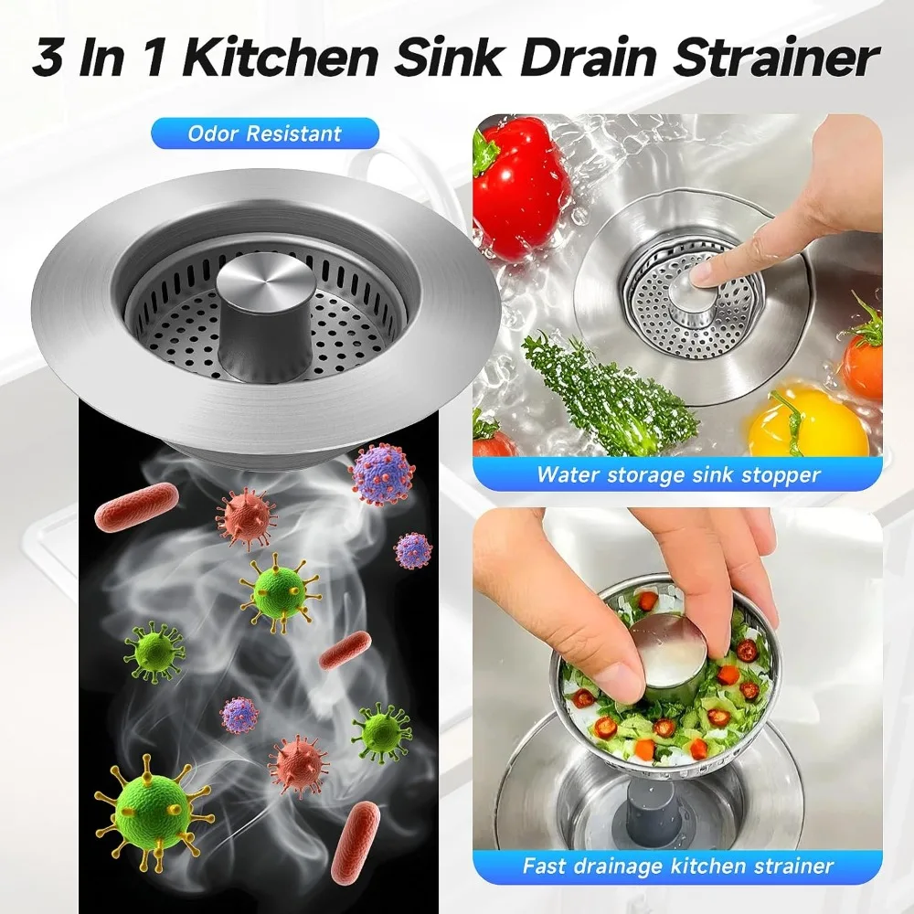 Kitchen Sink Strainer Stainless Steel 3-in-1 - Pop-Up Stopper with Anti-Clogging Basket and Odor Filter, Easy Clean Drain Strain