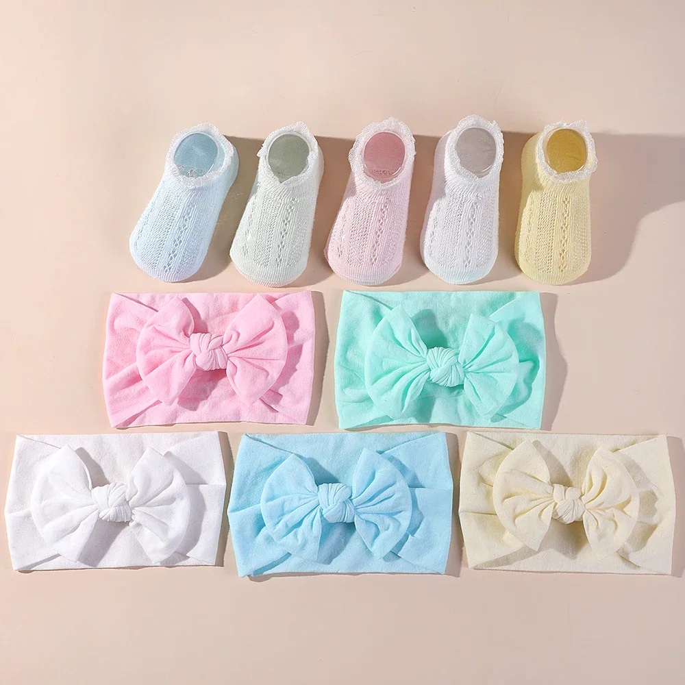 1 Set Newborns Headband Socks Casual Baby Lace Socks Sets Elastic Solid Color Head Band for Infant Kids Hairwear Accessories