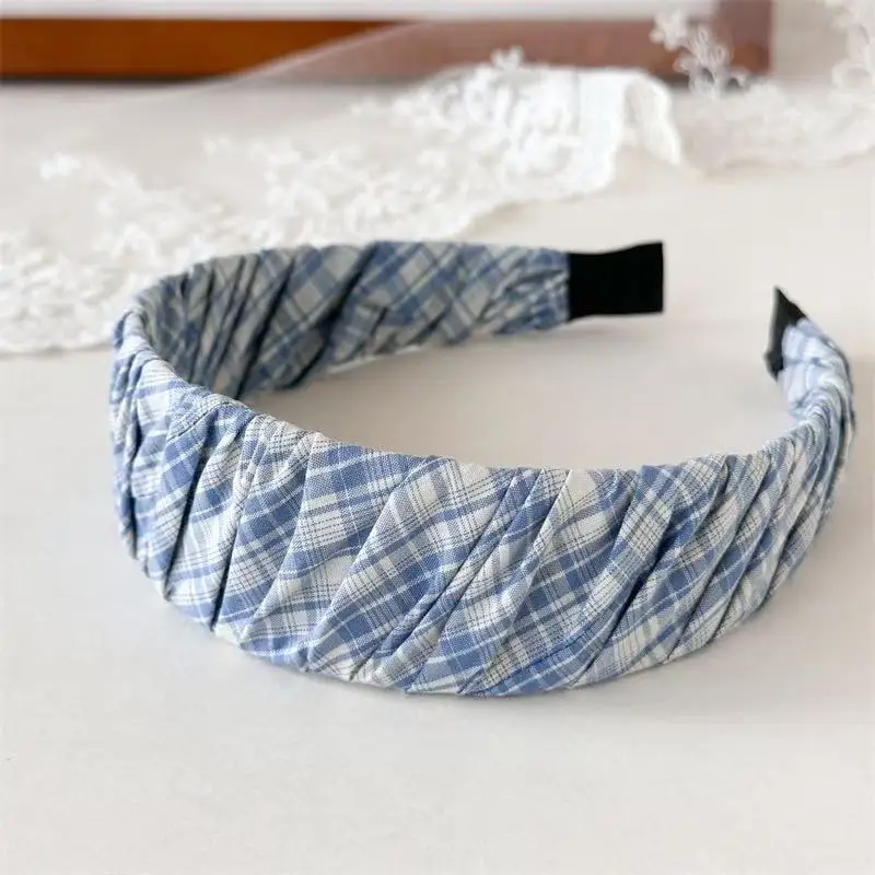 

Blue Striped Plaid Headband Denim French Retro Pleated Design for Women Vintage Fashion Hair Accessories