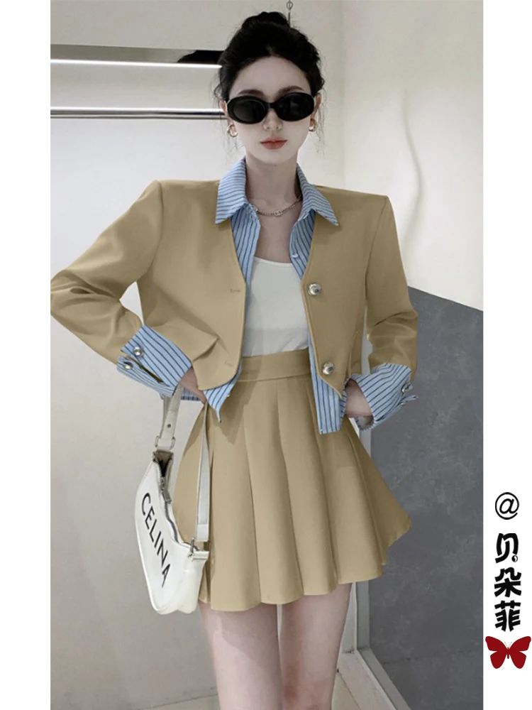 

French Chic Style Suit Women Spring 2024 New High-end Feeling Small Dress Suit Jacket Pleated Skirt Two-piece Set High Quality