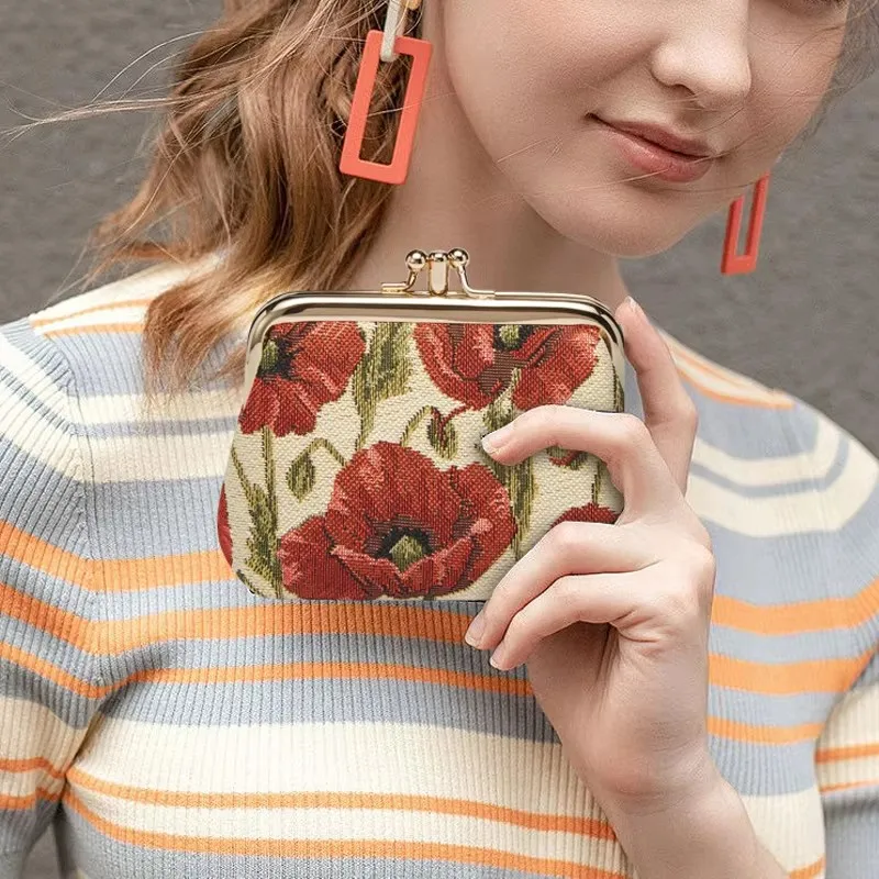 SAJA Tapestry Coin Purse bag Key Wallet Pouch Women's Wallet Double Pocket Kiss lock Red Poppy Flower Coin Holder For Girl Ladie