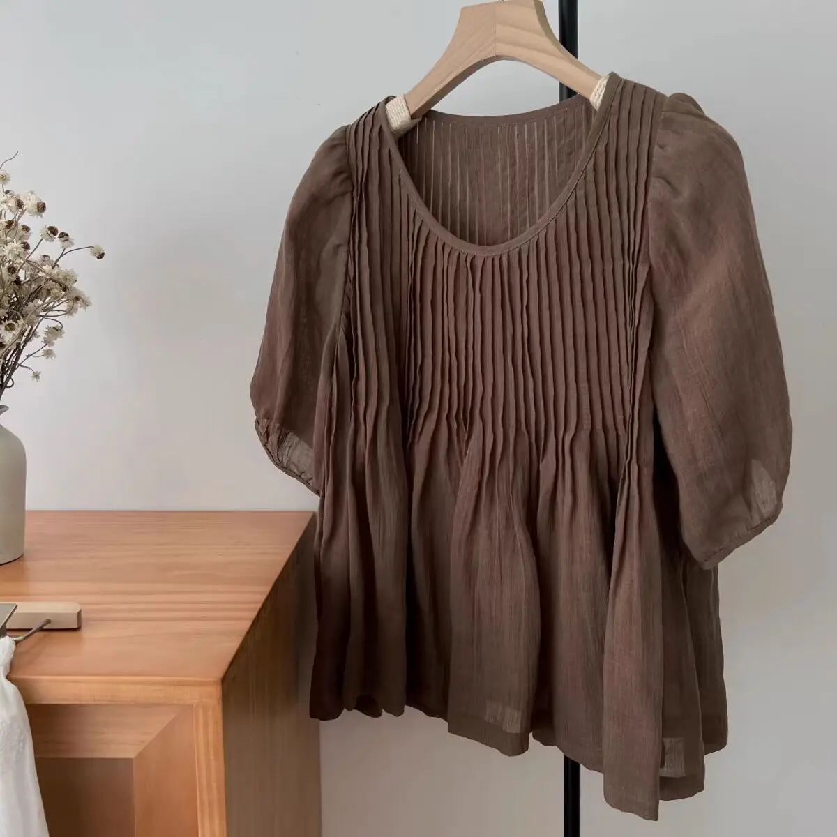 Korean Accordion Pleat Doll irt! Summer Versatile Slimming round Ne ort Sve Women's irt Textured Ele Top