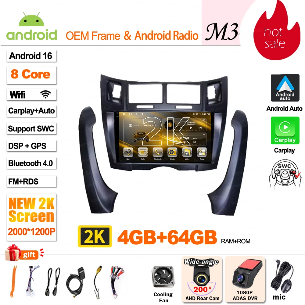 Android 16 autoradio multimediaspeler videospeler stereo head unit 2 din Android Auto DSP voor Toyota Yaris Vizi 2005 - 2010 2011 2012