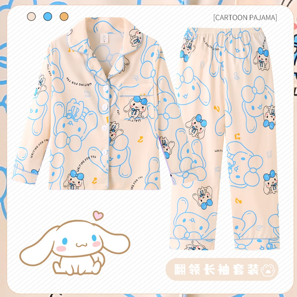 Anime Kawaii Sanrioed Cinnamoroll Hello Kitty Kuromi Y2K Long Sleeve Kids Pajamas Set Spring Cartoon Boy Girl Homewear Sleepwear