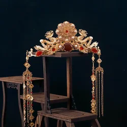 Womens Gold Plated Double Dragon With Long Tassel Hairpin Headdress