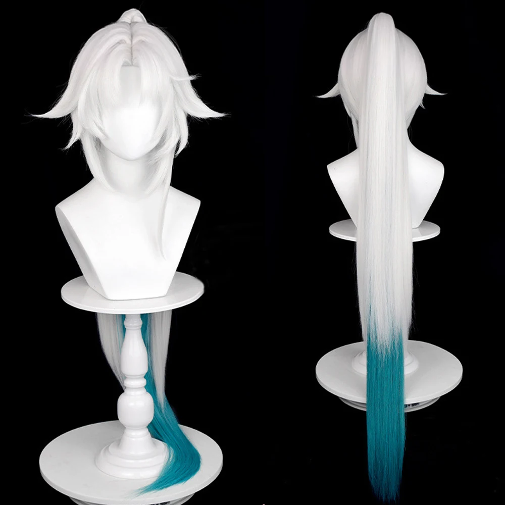 

Honkai Star Rail Feixiao Wig Synthetic Long Straight White Ombre Blue Ponytail Clip Game Cosplay Fluffy Wig for Daily Party